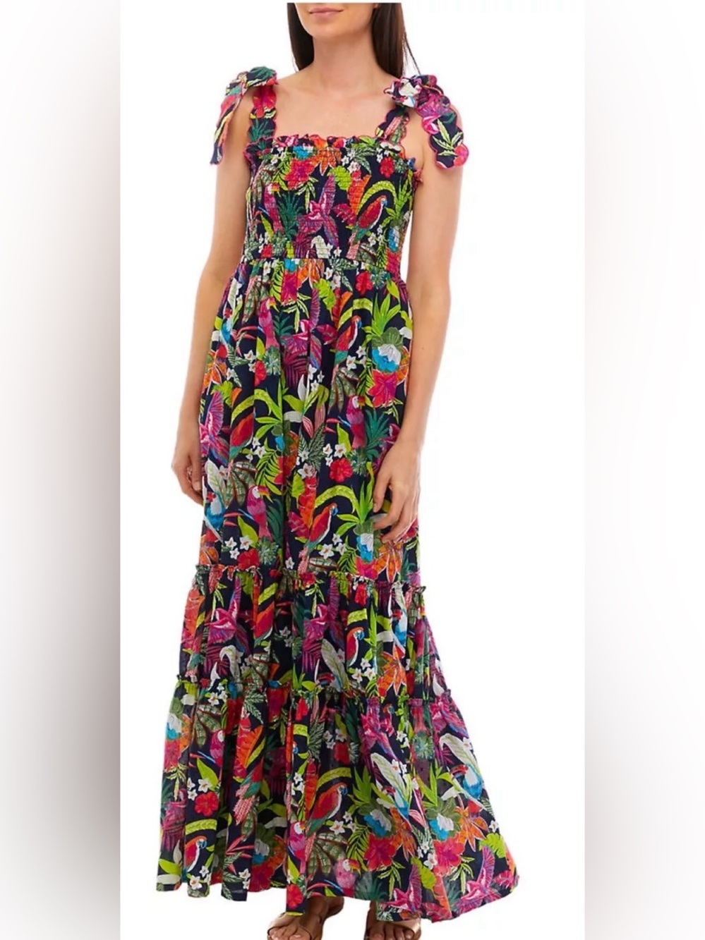 Crown & Ivy 3X Tropical Parrot Floral Maxi Dress | Smocked Bodice | Tie Shoulder